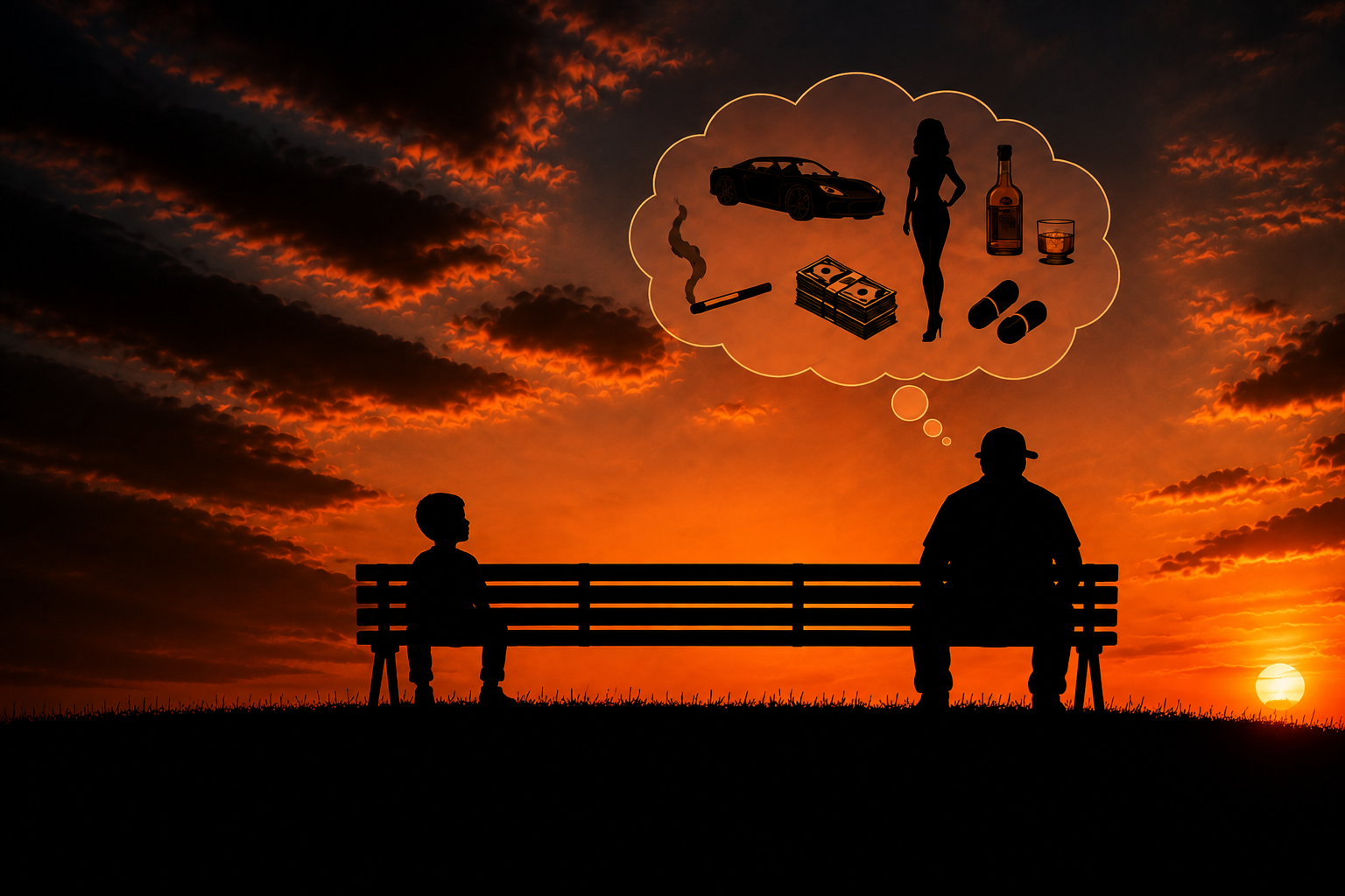 Silhouette of a child and father sitting together on a bench at sunset
